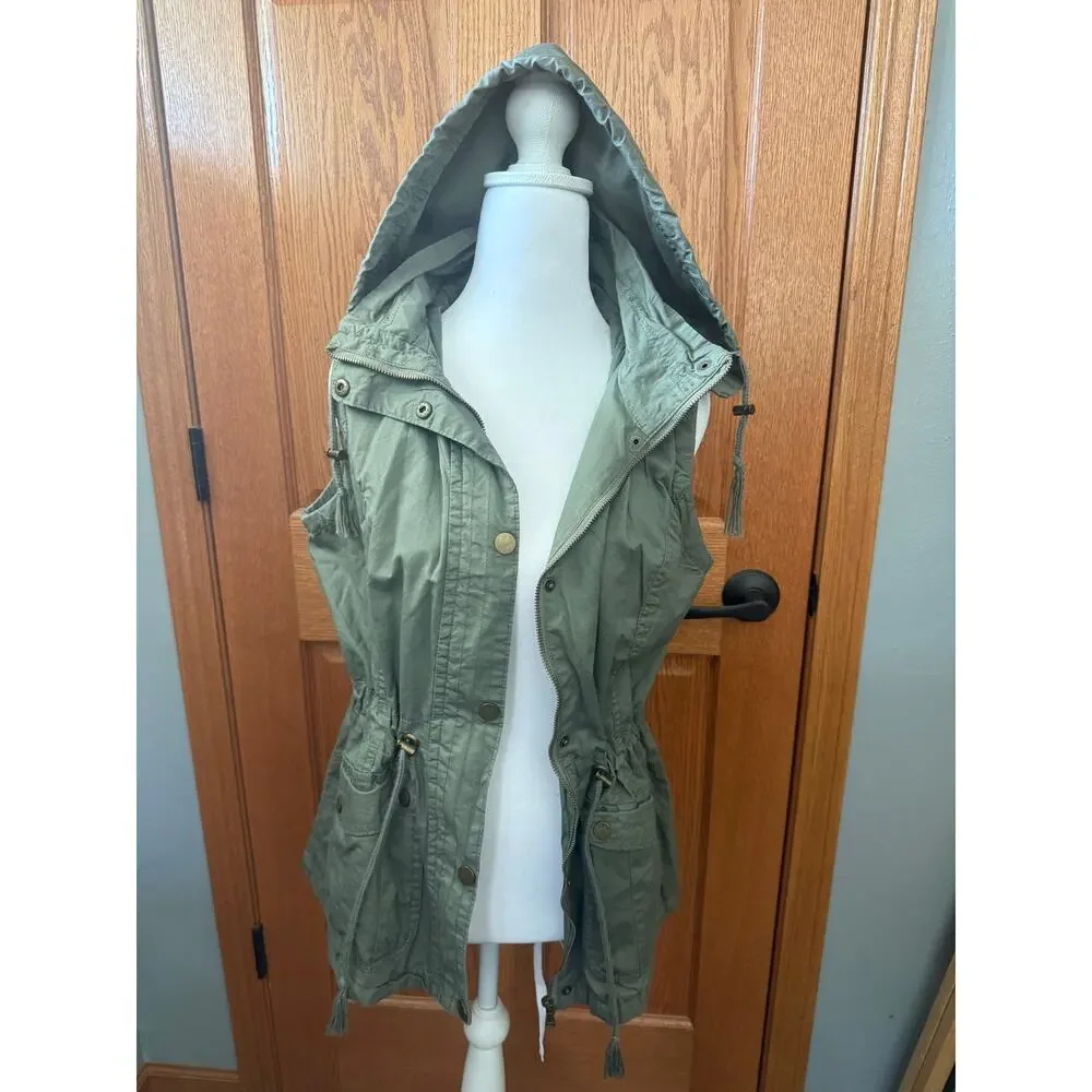 YMI Army Green Cinch Waist Hooded Vest Size Large - Picture 1 of 6